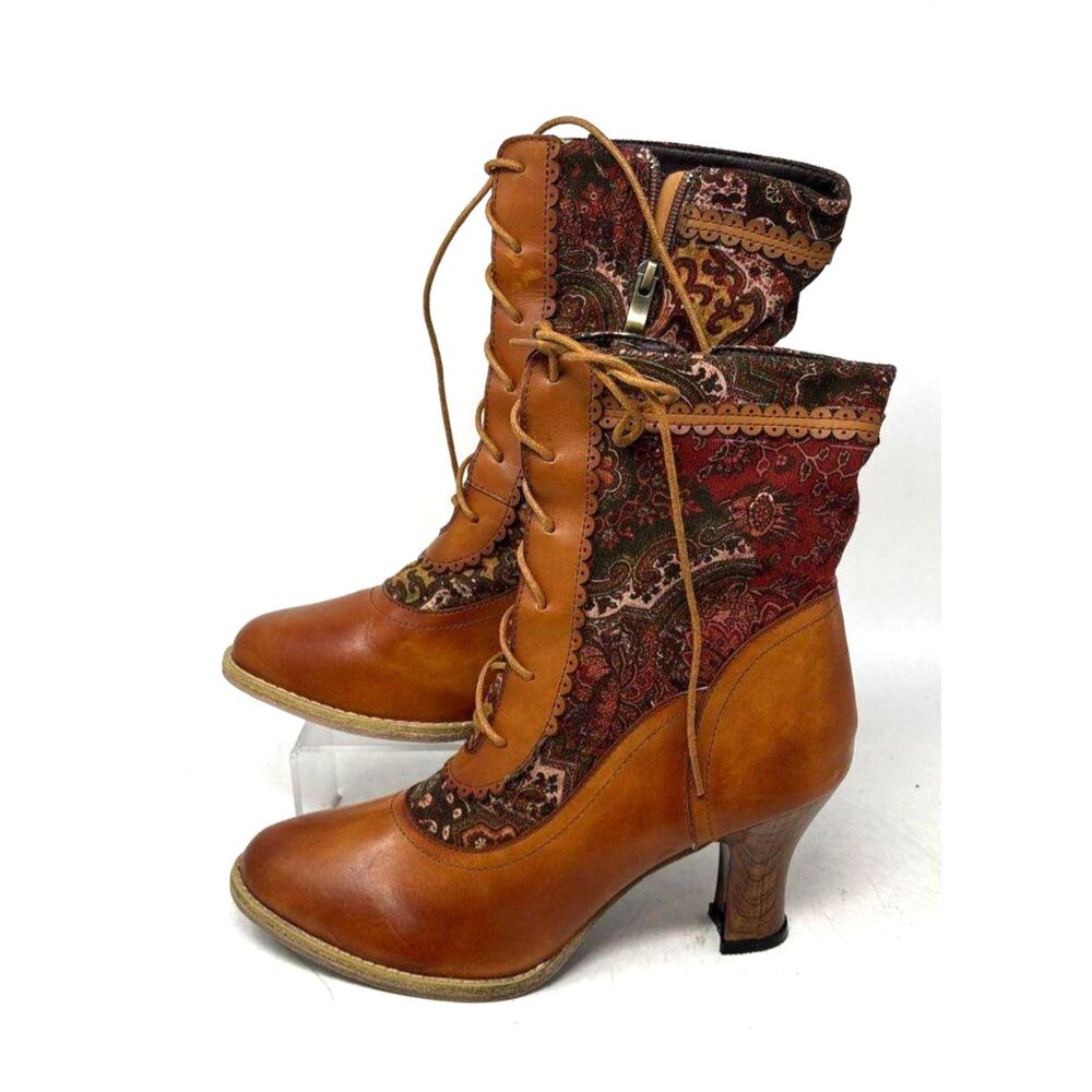 SOCOFY Boho Leather Tapestry Mid-Calf Lace-Up Heeled Boots Size 10.5 EU 41